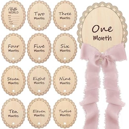 14 Pcs Wooden Monthly Baby Milestone with Ribbon Monthly Milestone Wood Discs Photo Props for Newborn Baby Girl Boy Baby Shower Gifts(Pink)