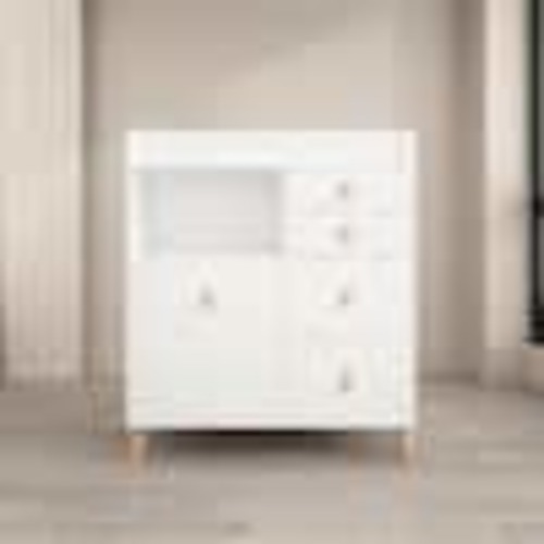FUFU&GAGA White 5-Drawer 33.5 in. Width Wooden Stylish Kids Low Dresser, Chest of Drawers, Storage Cabinet with Open Shelf L-THD-180097-02-c1