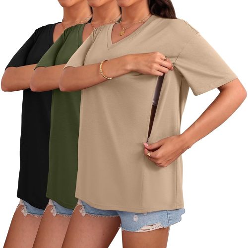 3 Pack Women's Oversize Nursing Shirts for Breastfeeding with Hidden Zippers Loose Fit Short Sleeve Maternity Tops