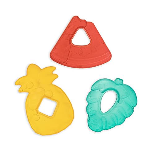 Itzy Ritzy Water-Filled Teethers - Cold Cutie Coolers Textured On Both Sides to Massage Sore Gums & Emerging Teeth - Can Be Chilled in Refrigerator, Set of 3 Fruit-Shaped Water Teethers