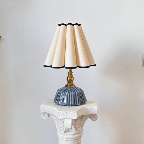 Handmade Classic Navy Ceramic Table Lamp 110-250V, Pleated Scallop Black Trim Tall Petal Shade, Bedroom Living Room Kitchen Neutral Decor