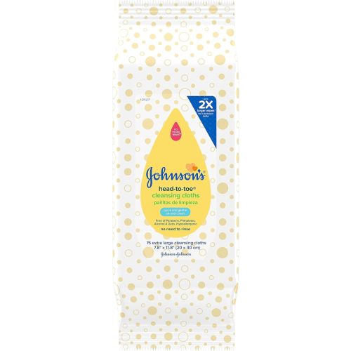 Johnson's Head-to-Toe Gentle Baby Cleansing Cloths, Hypoallergenic and Pre-Moistened Baby Bath Wipes, Free of Parabens, Phthalates, Alcohol, Dyes and Soap, 15 ct