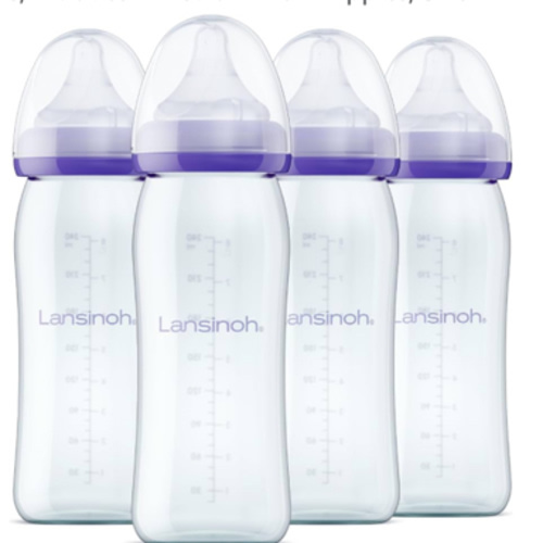 Lansinoh Anti-Colic Glass Baby Bottles for Breastfeeding Babies, 8 Ounces, 4 Count Bottles for Feeding, Baby Essentials, Includes 4 Medium Flow Nipples, Size M
