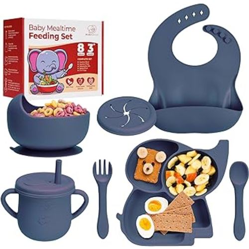 Complete Silicone Baby Feeding Set - 6+ Months Food Grade Baby Feeding Essentials | Silicone Bibs, Baby Bowls and Plates, 3 in 1 Baby Sippy Cup, Spoons and Fork Set | Free of BPA/PVC/Lead/Phthalate