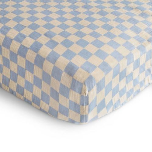 Mushie Extra Soft Muslin Crib Sheet - Blue Check