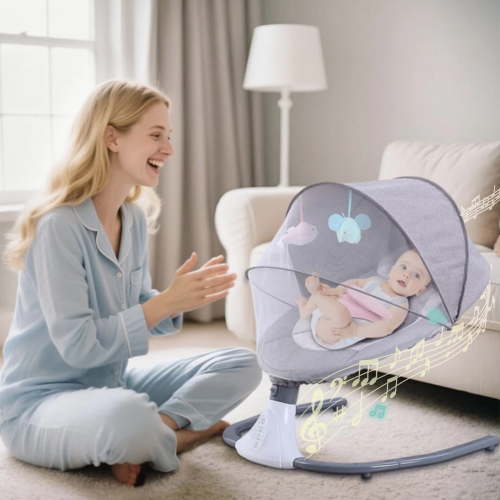 Electric Swing, Portable Baby Swing with Bluetooth Music, 4 Sway Speeds, 12 Lullabies, USB Plug, Grey