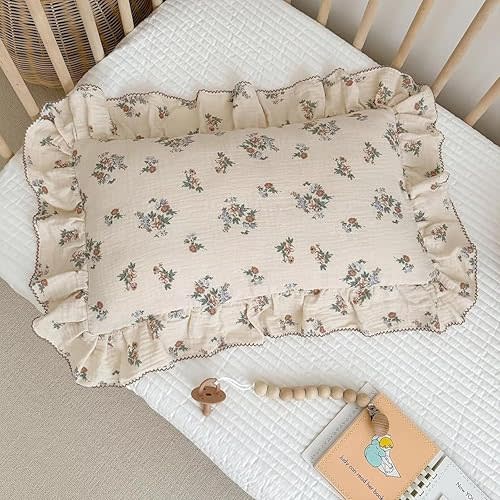 AOJIM Muslin Cotton Kids Toddler Pillowcase 1 Piece Super Soft Bedding Pillowcase for Girls Boys, Ruffle Edge Nursery Pillowcase Aesthetic Floral Kids Pillow Cover for Room Decor, Machine Wash 20X12''