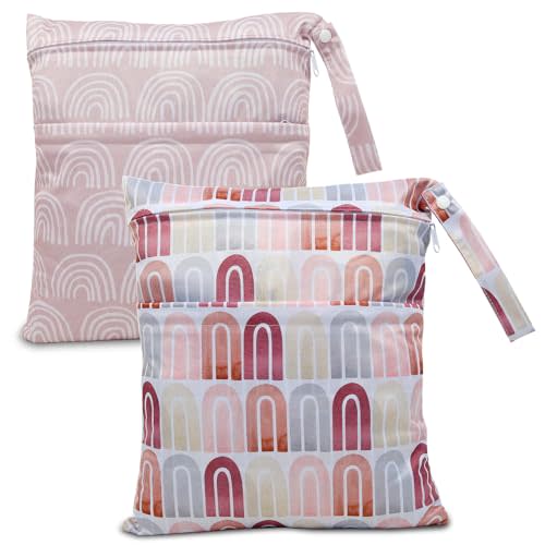 eaxin 2pcs Cloth Diaper Wet Dry Bags Waterproof Reusable with Two Zippered Pockets Travel Beach Pool Daycare Soiled Baby Items Yoga Gym Bag for Swimsuits or Wet Clothes-Pink Rainbows