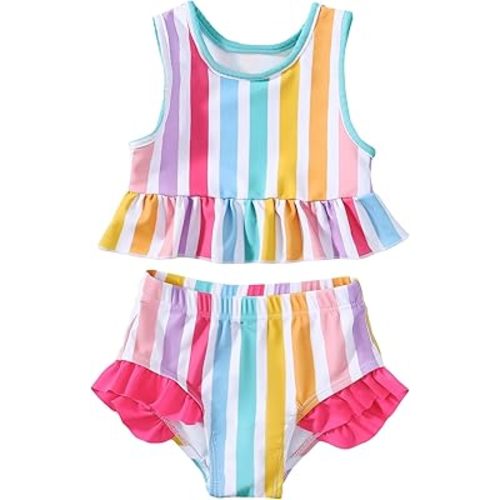 Toddler Baby Girls Swimsuit Cute Ruffle 2 Piece Tankni Top and Bikini Bottom Swimwear