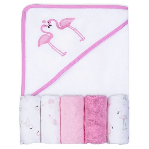 Viviland Baby Towels and Washcloths, Soft Absorbent Baby Girl Bath Towel Set, Flamingos Hooded Towels with 5 Infant Washcloths (6 Pieces)