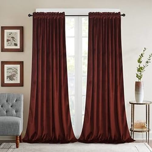 Roslynwood Burnt Ochre Velvet Curtains for Bedroom, Light Blocking Thermal Insulated Velour Drapes for Living Room/Farmhouse/Office, W52 x L90, 2 Panels