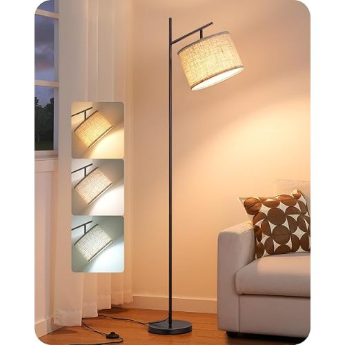 EDISHINE Floor Lamps for Living Room, 64.7" Modern Standing Lamp with 3 Color Temperatures Bulb & Adjustable Linen Shade, Foot Pedal Switch, Arc Tall Lamp for Bedroom Office, Black