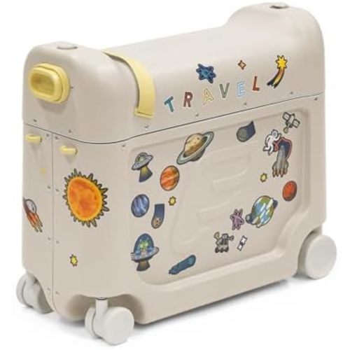 Stokke JetKids BedBox, Moonglow White - Ride-On Suitcase for Kids 2-7 Years Old (up to 77 lbs) - Transforms Into Bed - Includes Mattress, Decorative Stickers & Adjustable Carrying Strap