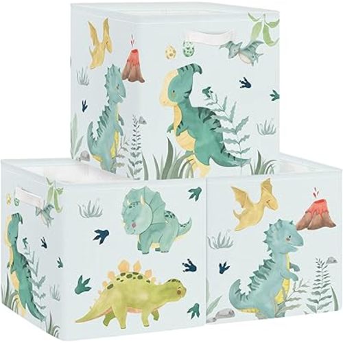 Clastyle Dinosaurs Kid Storage Cube Organizer Set Leaf Closet Clothes Cube Storage Bin Nursery Toddler Baby Toy Box Chest Boys Girls Book Shelf Basket, Green, 3 Pcs