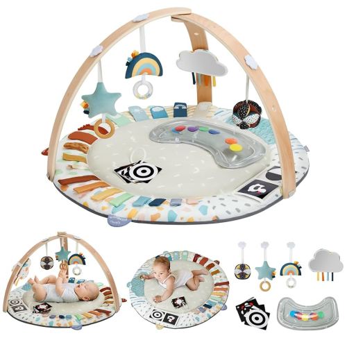 Blissful Diary Baby Play Gym, 5 Developmental Zones Wooden Tummy Time Activity Mat w 6 Detachable Sensory Toys for Motor Skills & Sensory Development, Newborn Essentials Baby Must Have