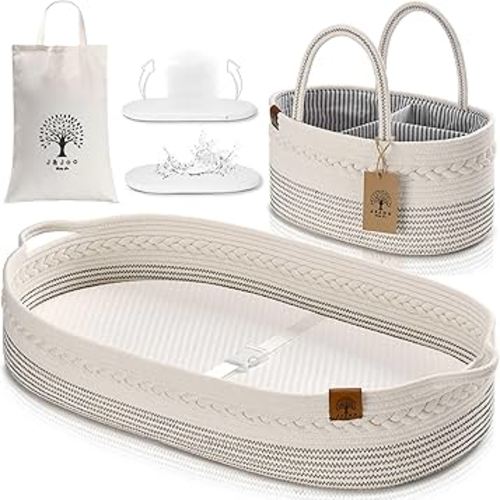 Baby Changing Basket Includes Diaper Caddy - Breathable & Waterproof Dual-Cover, Portable, Changing Pad for Dresser & Changing Table, Gift for Baby Shower, Cotton Rope Basket for Baby