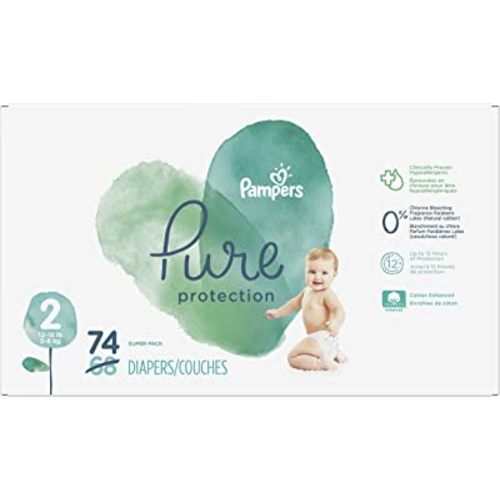 Diapers Size 2, 74 Count - Pampers Pure Protection Disposable Baby Diapers, Hypoallergenic and Unscented Protection, Super Pack (Packaging & Prints May Vary)