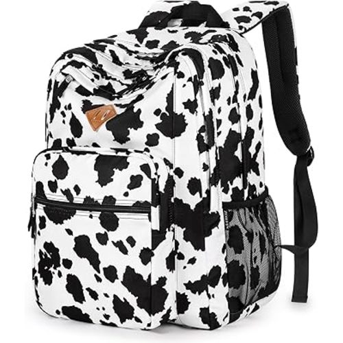 ZORFIN 26L Backpack for School, College, and Travel: Water Resistant Bookbag with 8 Compartments - Cow Print Black