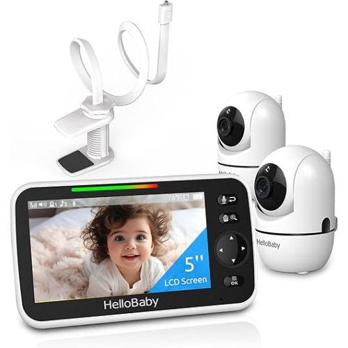 HelloBaby Clip Clamp Mount Baby Monitor with 2 Cameras, 5'' Screen, and 26-Hour Battery - No-WiFi Baby Monitor with Flexible Gooseneck Arm