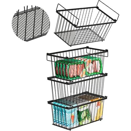 Enhanced Leak-Proof Bottom - Freezer Organizer Bins ，4 Pack Stackable Deep Freezer Organizer Bins for 7 Cu.FT Small Chest Freezer，Easy Get Bottom Foods without Digging，Prevent Frozen Food Waste-Black