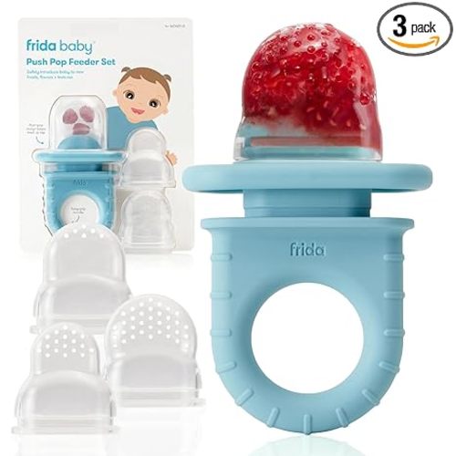Frida Baby Push Pop Feeder, Baby Fruit Food Feeder to Safely Introduce New Foods, Fresh + Frozen, Silicone, BPA Free, Dishwasher Safe | 3 Count, Blue