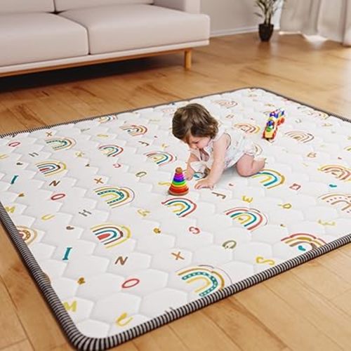 Baby Play Mat 71" X 59", Boho Rainbow Large Baby Play Mats for Floor, Soft Cushioning Baby Playpen Mat One-Piece Crawling Mat for Babies Toddlers Infants Tummy Time Activity (71X59, White)