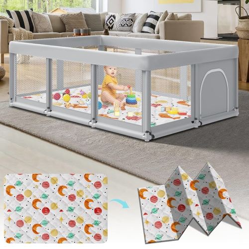 74"×50" Baby Playpen with Mat, Grey
