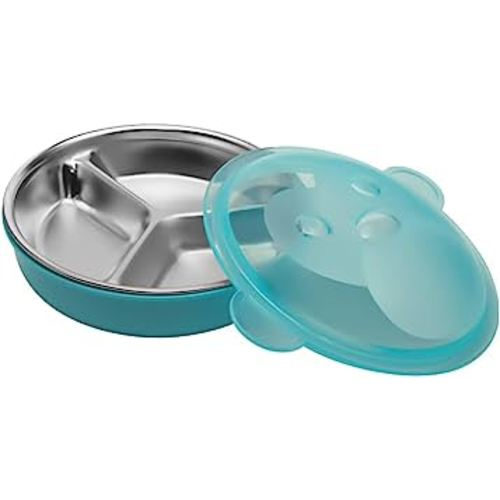 Wild & Free Ranch Stainless Steel Plate and Bowl Combo with Strong Anti-Slip Removeable Suction and Semi-Transparent Lid Designed for Children (Blue)