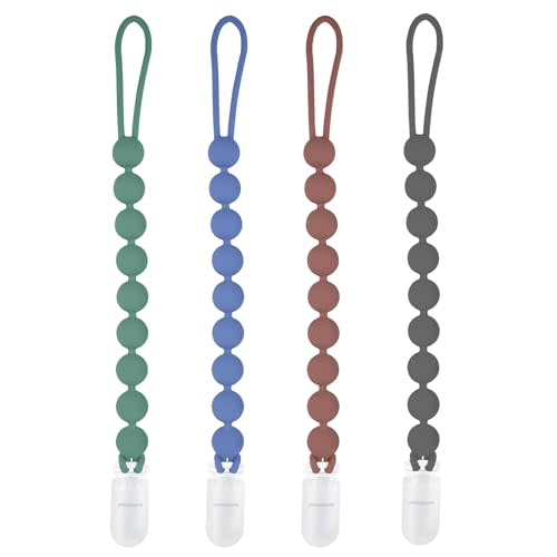 MINMUNJIU Silicone Pacifier Clip Holder, 4 Pack One Piece Soft Flexible Binky Clips Pacifier Holder Clip for Boys, Birthday Christmas Shower Gift