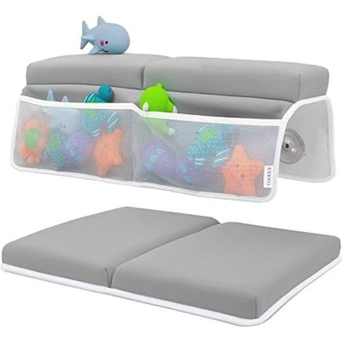 Baby Bath Kneeler and Elbow Rest Pad Set - Baby Bath Support for Knees and Elbows - Bath Kneeler Pad with Memory Foam and Bath Toys Organizer - Ideal Bath Kneeling Pad for Bathing Baby - Grey