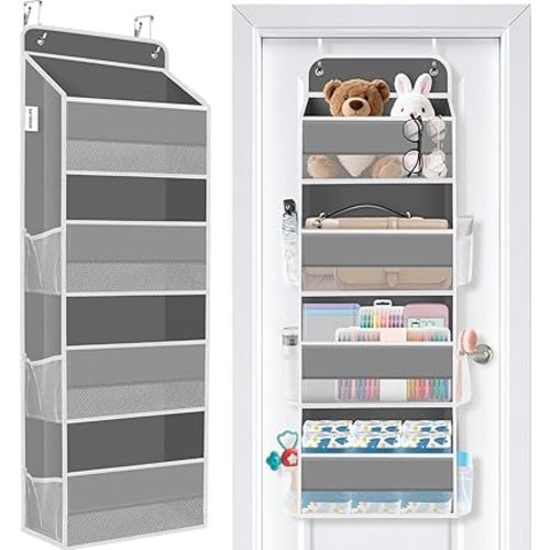 WISELIFE Over the Door Organizer - 4 Shelves Large Capacity Hanging Bedroom Storage Solution with 6 Side Pockets for Dorm Bathroom Pantry Nursery and Baby Essentials Holds up to 40 lbs (Grey)