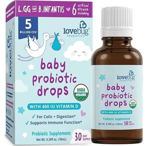 Lovebug Award Winning USDA Organic Probiotic for Infants & Babies | Helps with Colic, Reflux, Diarrhea, Constipation & Gas | Multi-Strain 5 Billion CFU | Liquid Drops | Ages 0-24 Months