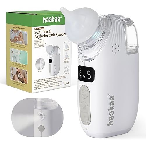 Haakaa Nasal Aspirator for Baby, 2-in-1 Electric Baby Nasal Aspirator with Sprayer – Baby Nose Sucker, Nose Sucker for Baby – 5 Adjustable Suction Levels up to 65kPa, Quiet, Music & Lights