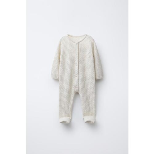 6-9M- Zara CONVERTIBLE COTTON, SILK AND CASHMERE TEXTURED KNIT JUMPSUIT WITH FOOT - Mid-ecru