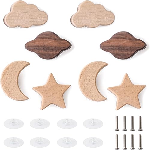 Wooden Star Moon Shape Cabinet Knobs Decorative Wood Dresser Knob with Screws Nursery Dresser Knob for Kids Girls Boys Furniture Knobs Nursery Drawer Handles for Decor (8 Pack)