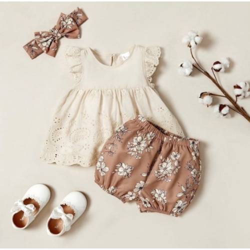 3pcs Baby Girl Sweet Floral Dress and Shorts Set With Headband