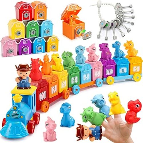Toddler Montessori Learning Toys for 2 3 4 5 Year Old Boys, Kids Dinosaur Train Matching Toys with Locks & Keys | Counting & Sorting Trains Set, Preschool Toy Boy Girls Birthday Gifts Ages 2-4 3-5