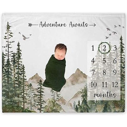 Yuzioey Adventure Awaits Milestone Blanket, Forest Mountain Baby Growth Chart Monthly Blanket, Watch Me Grow Woodland Mountain Tree Baby Nursery for New Moms Baby Shower(50"x40")