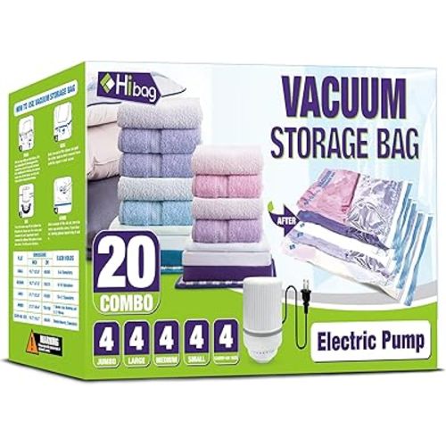 HIBAG Vacuum Storage Bags with Electric Pump, Vacuum Seal Space Saver Bags for Clothes, Clothing, Pillows, Blanket Bedding Comforters, Combo 20 pack