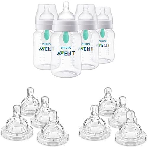 Philips AVENT Anti-Colic Baby Bottles with AirFree Vent (9oz, 4pk) + Anti-Colic Flow 3 & 4 Nipples (4pk each)