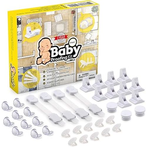Complete Baby Proofing Kit – Easy Install, Super 3M Adhesive 10 Magnetic Cabinet Locks, 3 Keys, 10 Clear Corner Protectors, 10 Outlet Covers & 4 Cabinet Door Latches, No Drill Required Safety Set
