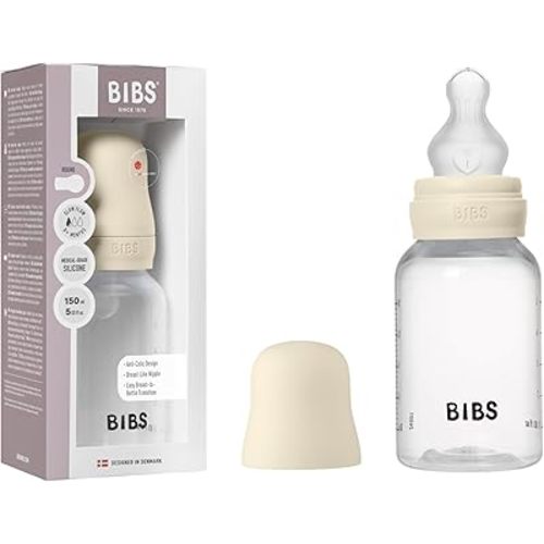 BIBS Baby Bottle 5 oz / 150 ml Silicone Nipple - Anti-Colic, BPA-Free, Round Nipple, Slow Flow, Lightweight & Easy to Clean, Suitable for Newborns 0+ Years - Ivory