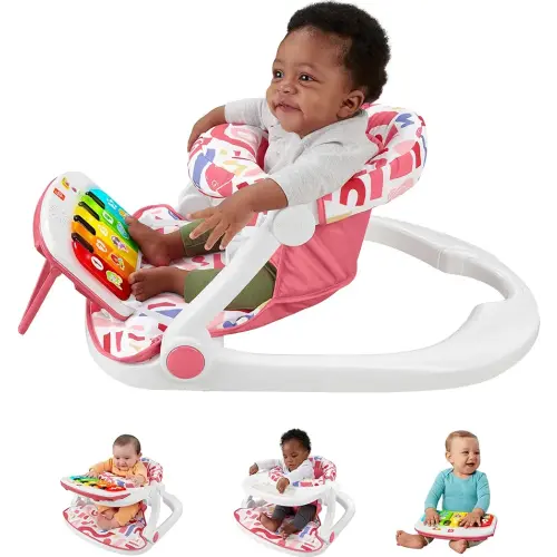 Fisher-Price Portable Baby Chair, Pink Kick & Play Deluxe Sit-Me-Up Seat with Piano Learning Toy & Snack Tray for Infants to Toddlers