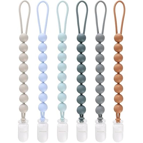 6-Pack Silicone Pacifier Clips for Baby Boys and Girls - One-Piece Beads, Rust-Free Holders, Teething Relief, Baby Necessities, Newborn Safe Baby Essentials