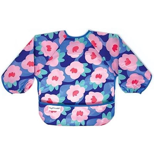 Tiny Twinkle Mess Proof Baby Bib,Waterproof Smock Baby Bib for Eating,Machine Washable Long Sleeve Bib,Baby Led Weaning,Toddler Bib,BLW Supplies(Floral Blue, Large 2-4 Years)