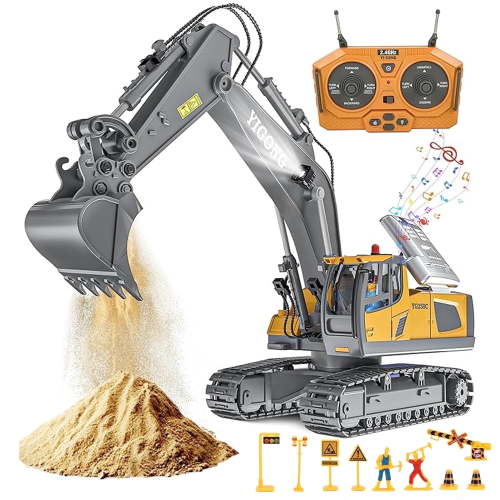 Anpro Remote Control Excavator Toys for Kids, 11 Channel RC Construction Vehicles Toys with Metal Shovel, Lights & Sounds, Gift for Age 3+ Boys Girls