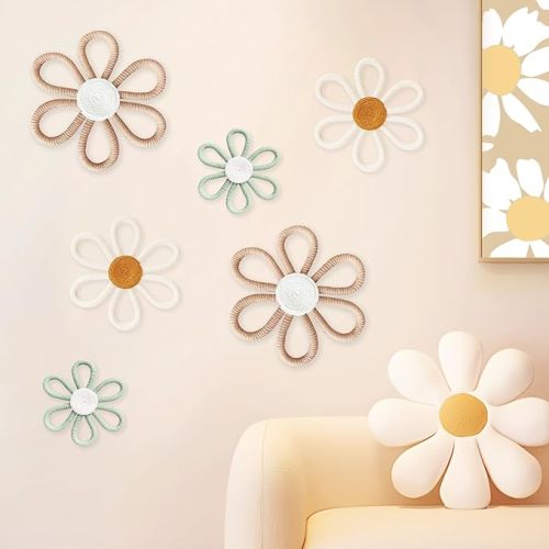 cntjv 6 Pcs Boho Daisy Wall Decor Pink Floral Macrame Wall Hanging Set 3 Mixed Size Cute Small Flower Art for Home Girls Room Nursery Classroom (Brown Beige Green)