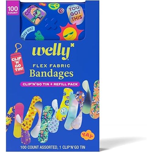 Welly Bandage Clip N' Go Tin & Refill Pack | Adhesive Flexible Fabric Bandages and Tin | Assorted Shapes and Patterns for Minor Cuts, Scrapes, and Wounds - 100 Count
