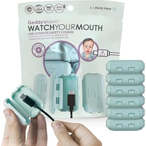 Geddy's Mom - Watch Your Mouth - The Award Winning USB Charger Child Safety Cover - Made in The USA - Baby Proofing Toddler Shock Prevention - 6 Pack (Dusty Aqua)