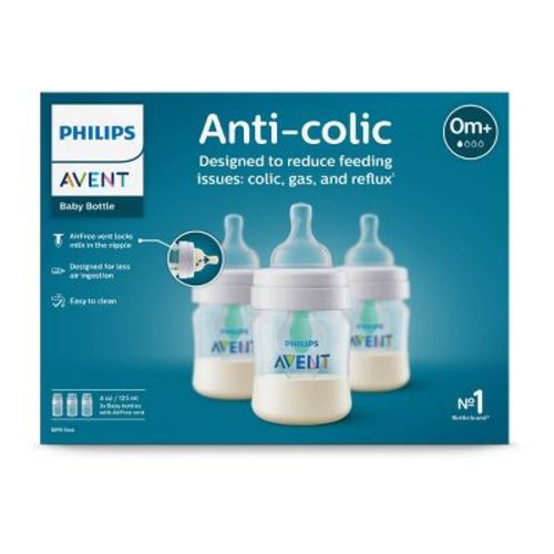 Philips Avent Anti-Colic Baby Bottles with AirFree Vent - Clear - 4oz/3pk: Nipple Level 1, BPA-Free, Slow Flow